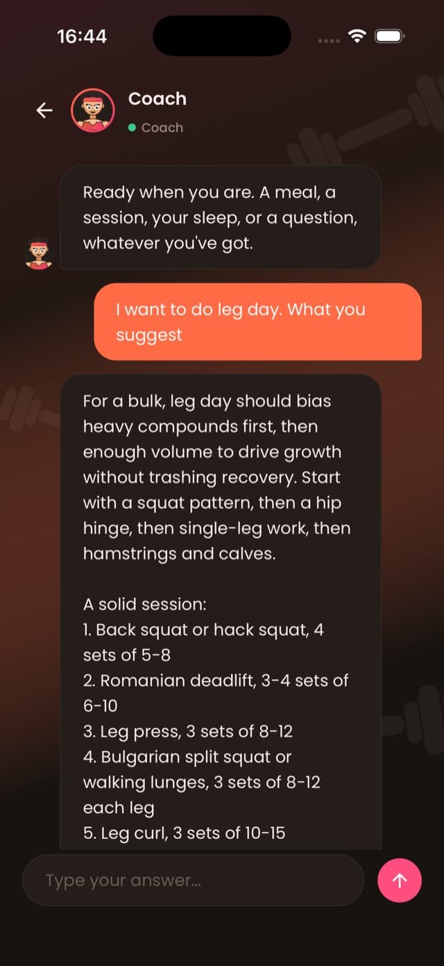 Coach chat conversation in the Only Fitness app