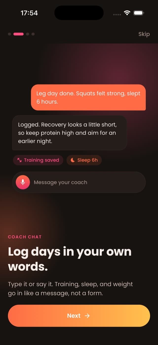 Onboarding coach chat on the Only Fitness app