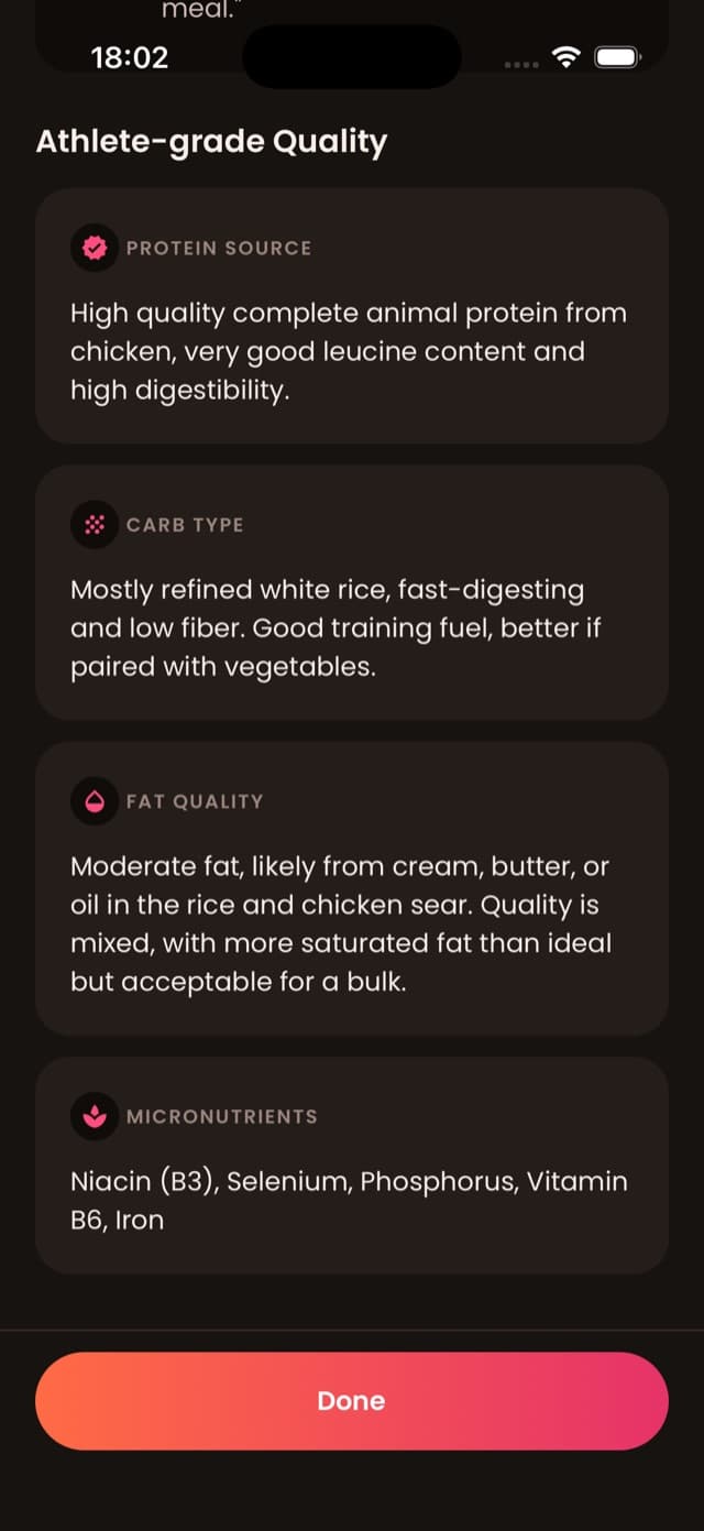 Athlete-grade food quality breakdown in the Only Fitness app